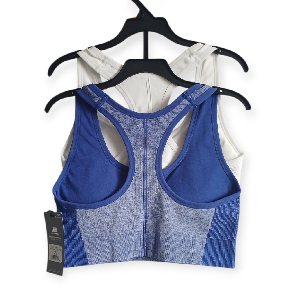 NWT NEW BALANCE 2 PACK SPORTS BRA BLUE AND WHITE RACERBACK TAGLESS PADDED SIZE M - Picture 2 of 8